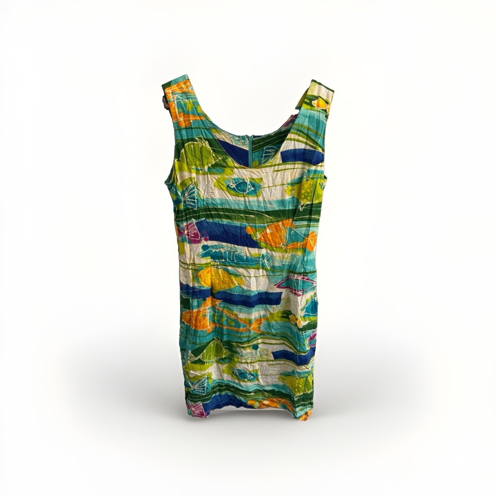 Jams World Dress Women L Shift Knee Length V-Neck Sleeveless Fish Pond Rayon